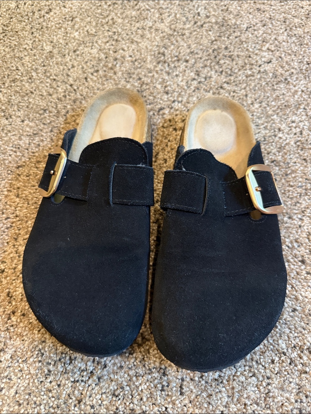 Women's Black Suede Slip-On Clog with Gold Buckle